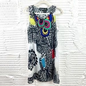 Desigual Mixed Media Sheer Tank Shift Dress Black White Abstract Print EU 40 (M)